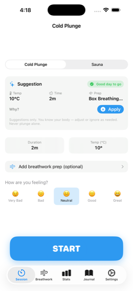ChillSeeker session setup screen with smart suggestion card