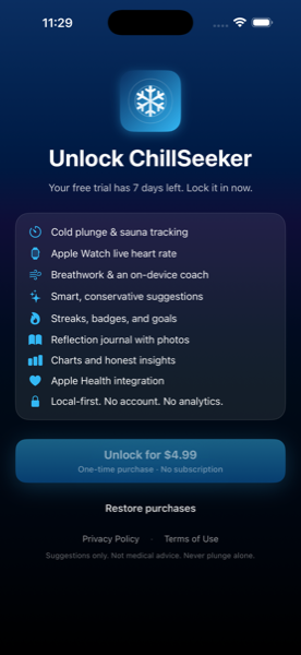 ChillSeeker paywall with 7-day free trial offer