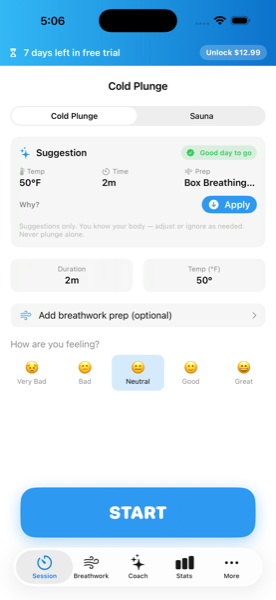 Session setup with active free-trial banner